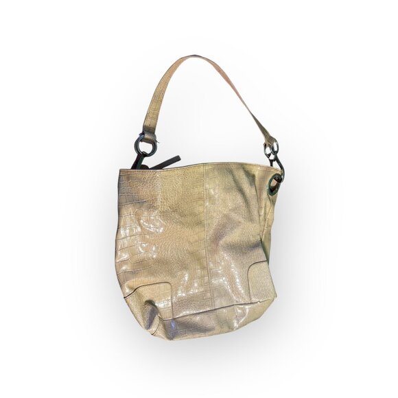 Croc-Embossed Beige Faux Leather Shoulder Bag With Detachable Strap & Silver-Ton - Picture 1 of 5